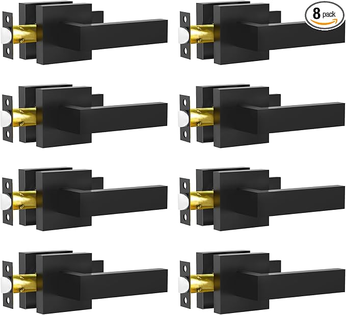 Blakes of Belgravia Matte Black Passage Door Handles, 8-Pack Heavy-Duty Square Lever Handles for Interior Doors, Hallways and Cupboards, Non-Locking Design for Left and Right-Handed Doors