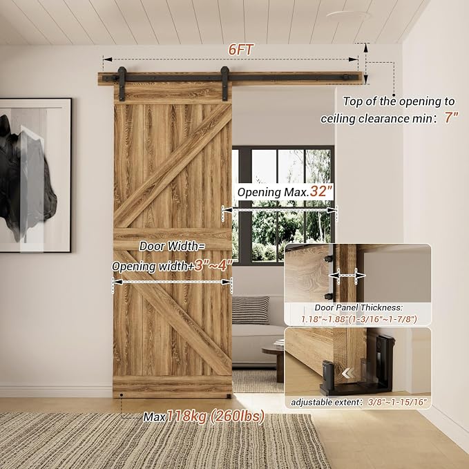 Blakes of Belgravia 6FT Sliding Barn Door Hardware Kit, Wall-Mounted Splicing Track Rail with Adjustable U-Shaped Floor Guide, Sliding Door Fitting Set